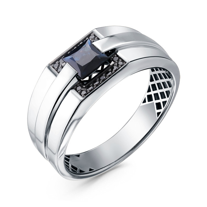 Мужское кольцо из белого золота с чёрными бриллиантами и сапфиром (060227)