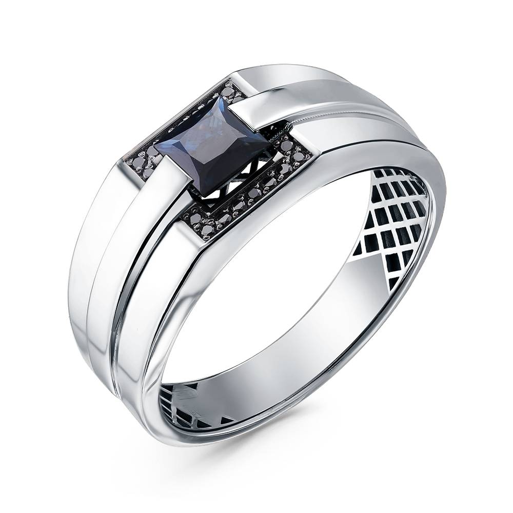 Мужское кольцо из белого золота с чёрными бриллиантами и сапфиром (060227)