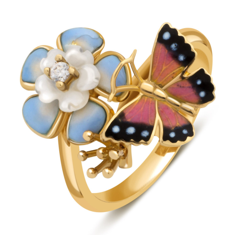 Кольцо из жёлтого золота с цирконом, перламутром и эмалью (022286)