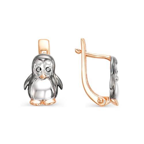 Детские серьги из комбинированного золота с чернением и фианитами 