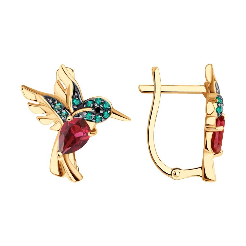 Серьги из красного золота с родолитами и фианитами 