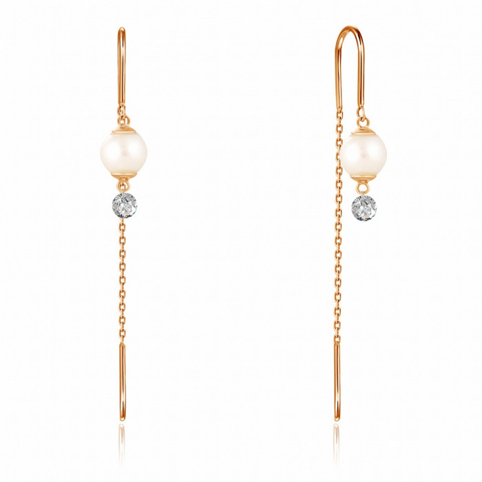 Серьги из красного золота с бриллиантами и жемчугом Акойя (047685)