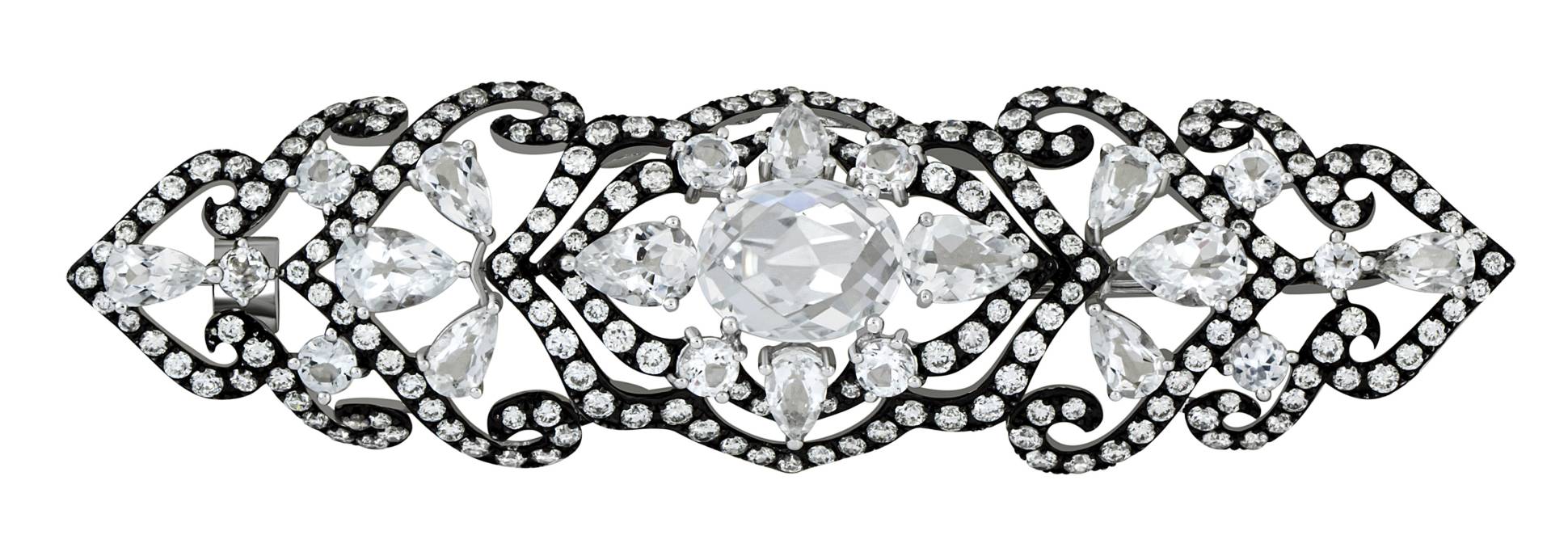 Брошь из белого золота с чернением, с бриллиантами и топазами (042781)