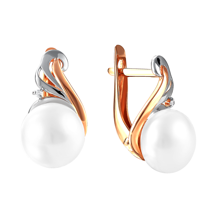 Серьги из красного золота с жемчугом и фианитами (041489)