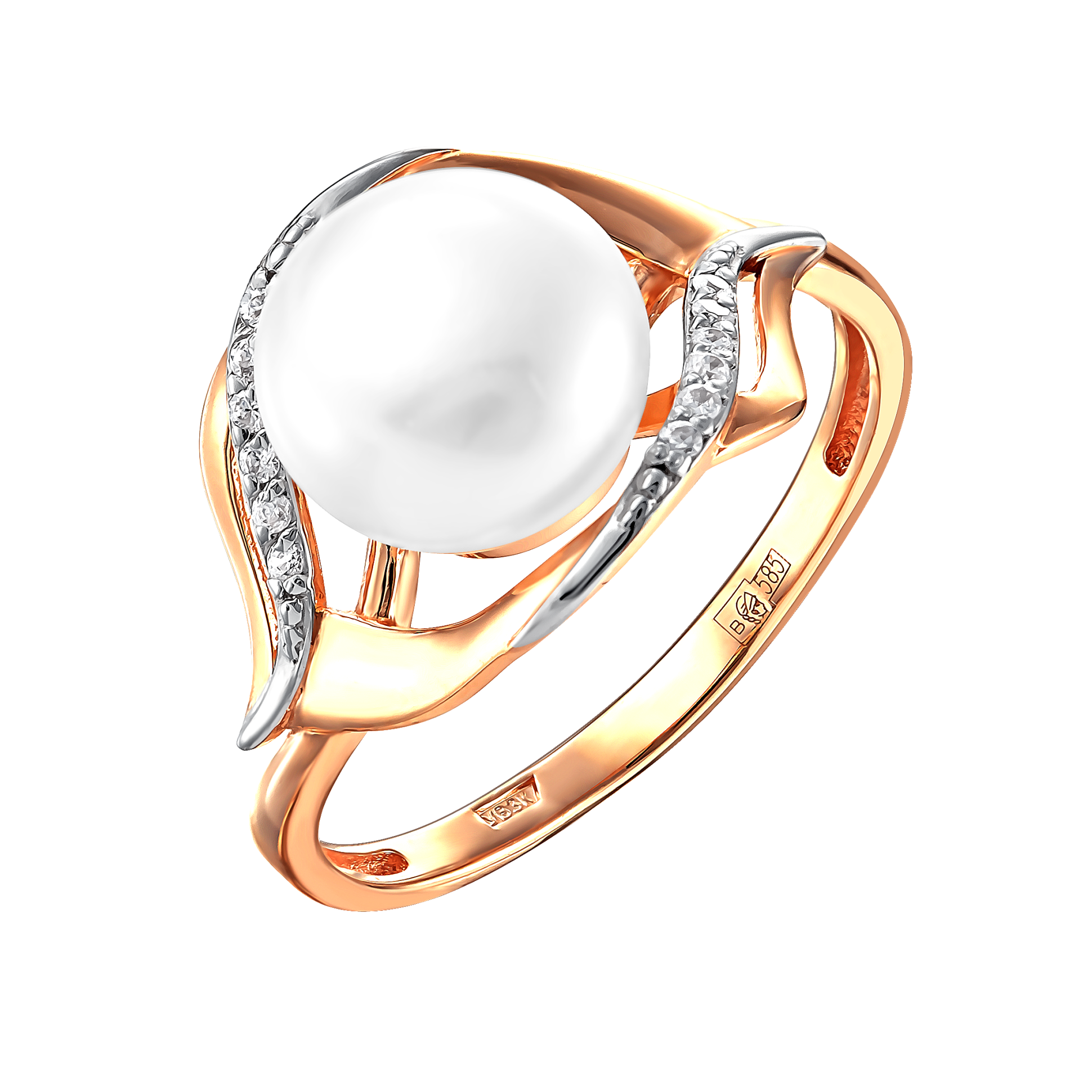 Кольцо из красного золота с жемчугом и фианитами (041630)