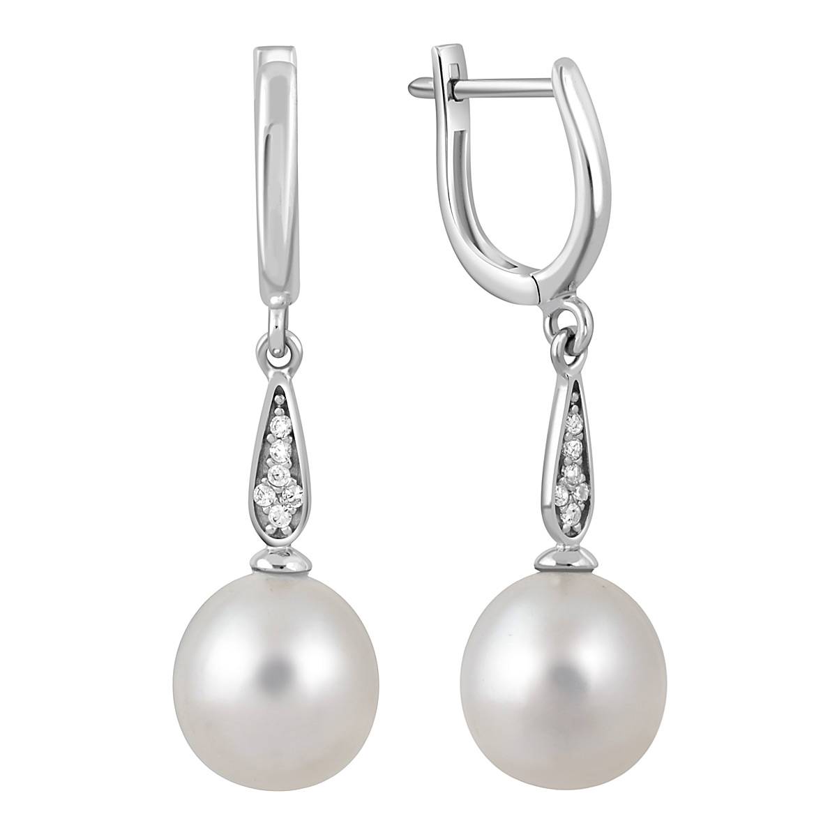 Серьги из белого золота с фианитами и жемчугом (047809)