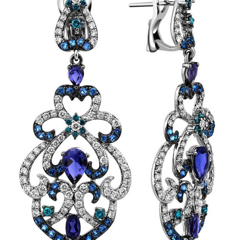 Серьги из белого золота с бриллиантами и драгоценными камнями (011398)