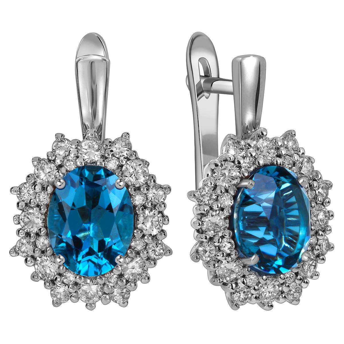 Серьги из белого золота с бриллиантами и лондон топазами (060385)