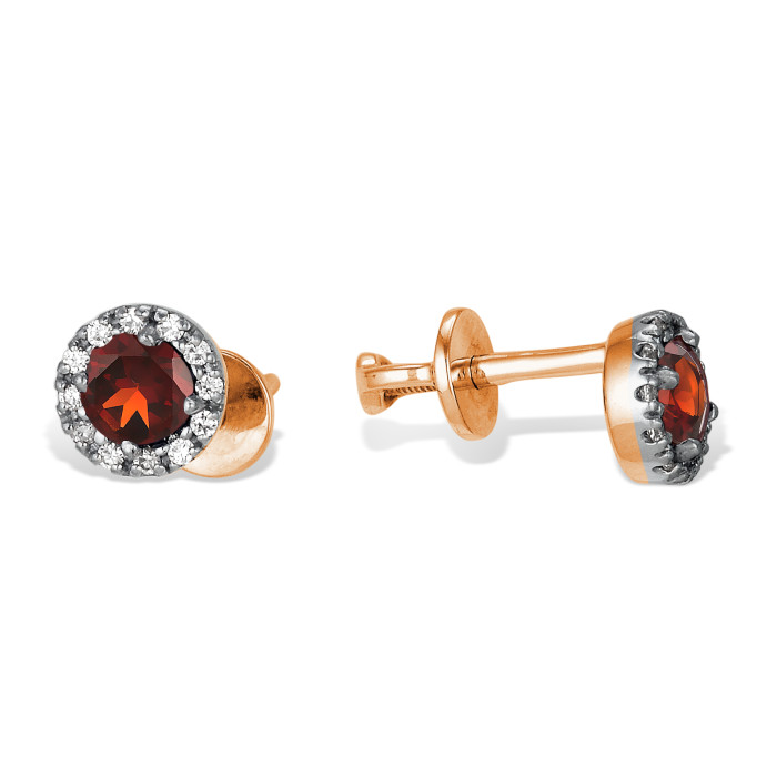 Серьги пусеты из красного золота с гранатами и фианитами (040288)