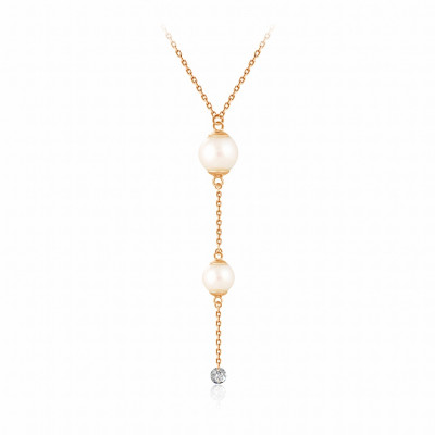 Колье из красного золота с бриллиантом и жемчугом Акойя (047748)
