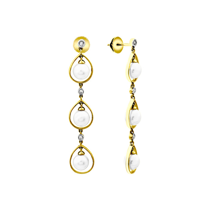 Серьги пусеты из жёлтого золота с бриллиантами и жемчугом (025983)