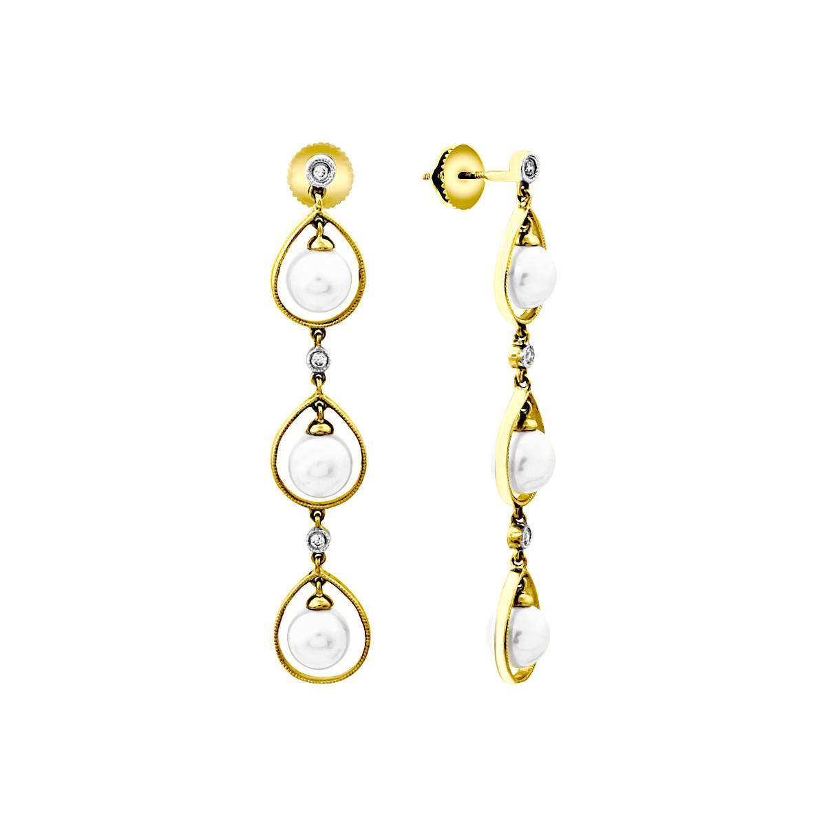 Серьги пусеты из жёлтого золота с бриллиантами и жемчугом (025983)