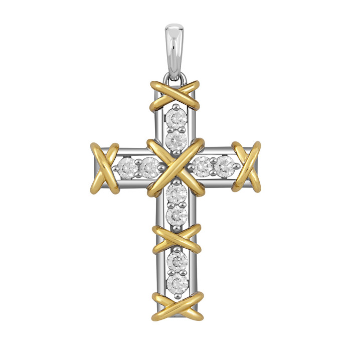 Кулон крест из комбинированного золота с бриллиантами (045934)