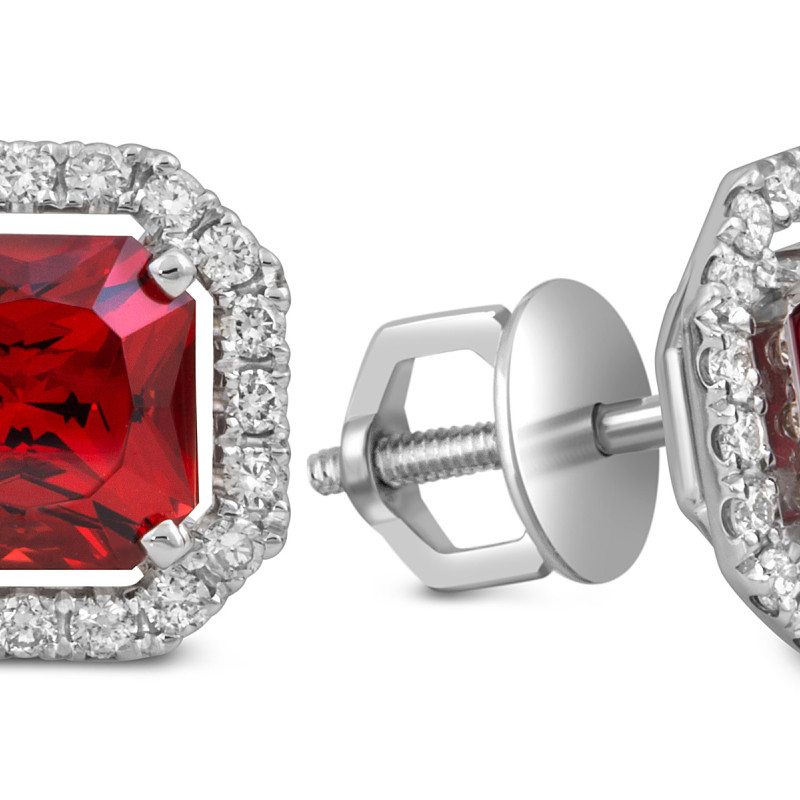 Серьги пусеты из белого золота с бриллиантами и гранатами (052552)