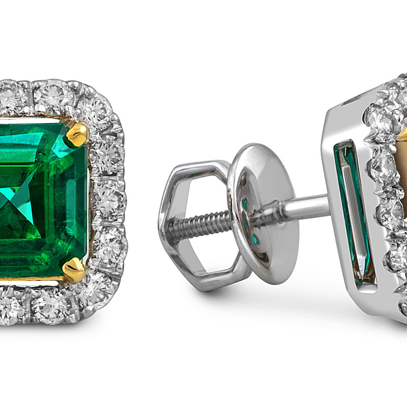Серьги пусеты из белого золота с изумрудами и бриллиантами (053740)