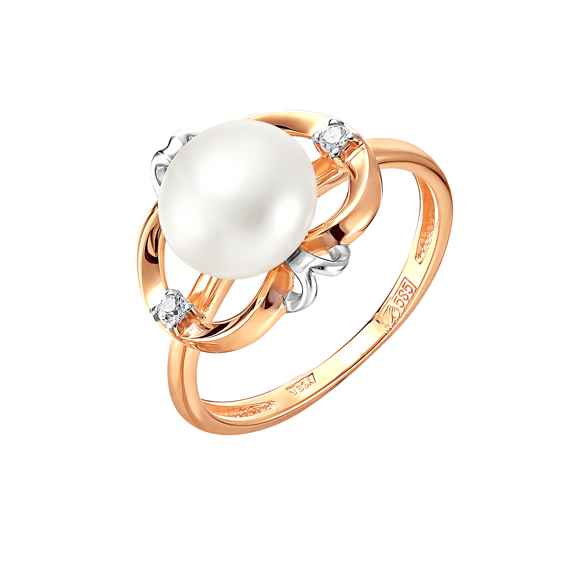 Кольцо из красного золота с жемчугом и фианитами (041619)