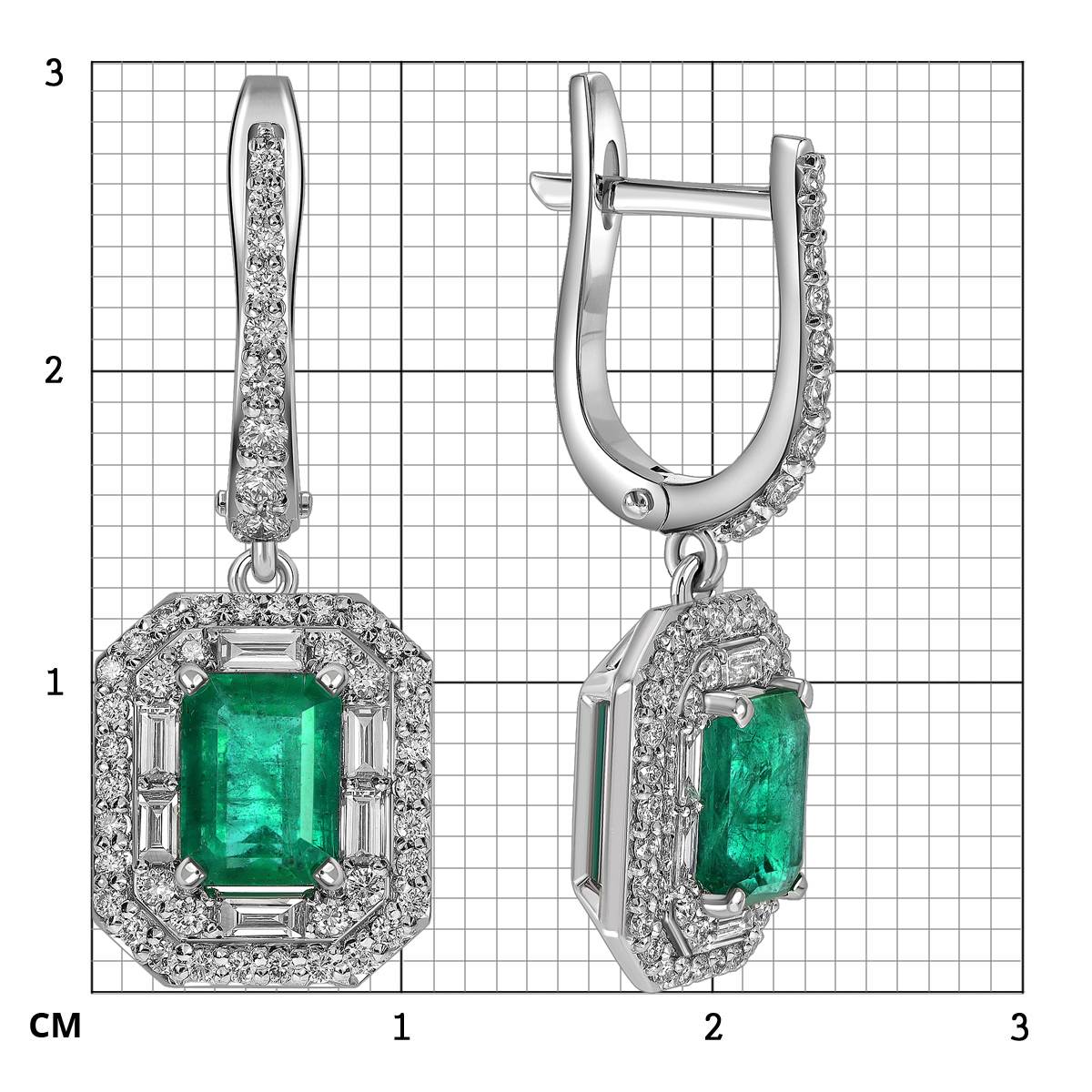 Серьги из белого золота с бриллиантами и  изумрудами (063703)