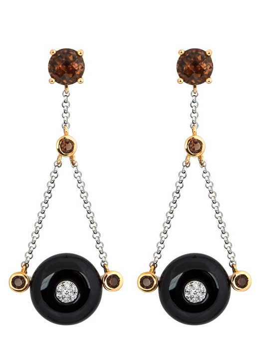 Серьги с бриллиантами, агатами и дымчатами кварцами (011072)