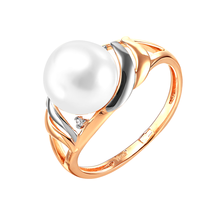 Кольцо из красного золота с жемчугом и фианитами (041481)
