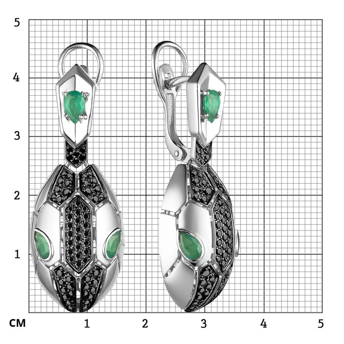 Серьги из белого золота с чёрными бриллиантами и изумрудами (055211)