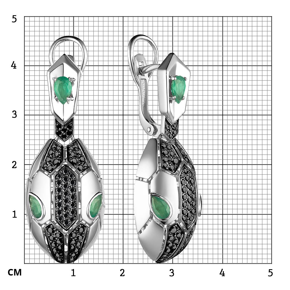 Серьги из белого золота с чёрными бриллиантами и изумрудами (055211)
