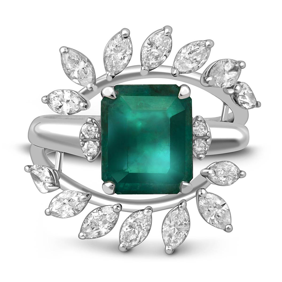 Кольцо из белого золота с бриллиантами и изумрудом (047579)