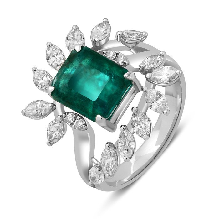 Кольцо из белого золота с бриллиантами и изумрудом (047579)