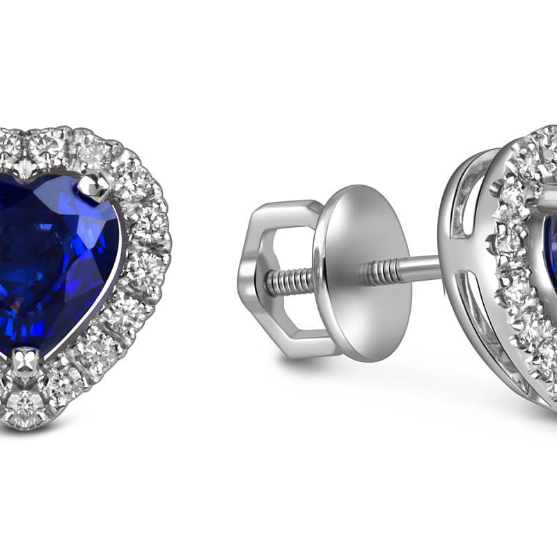 Серьги пусеты из белого золота с бриллиантами и сапфирами Сердце (060565)