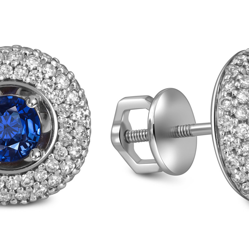 Серьги пусеты из белого золота с бриллиантами и сапфирами (055601)