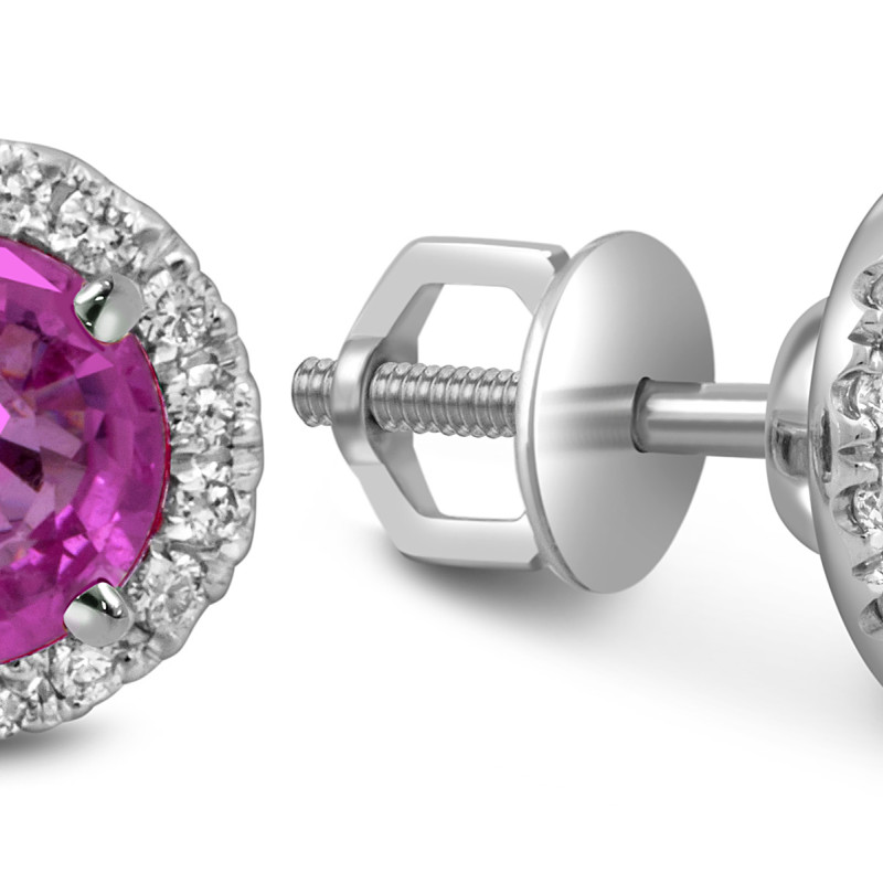 Серьги пусеты из белого золота с бриллиантами и розовыми сапфирами (052503)