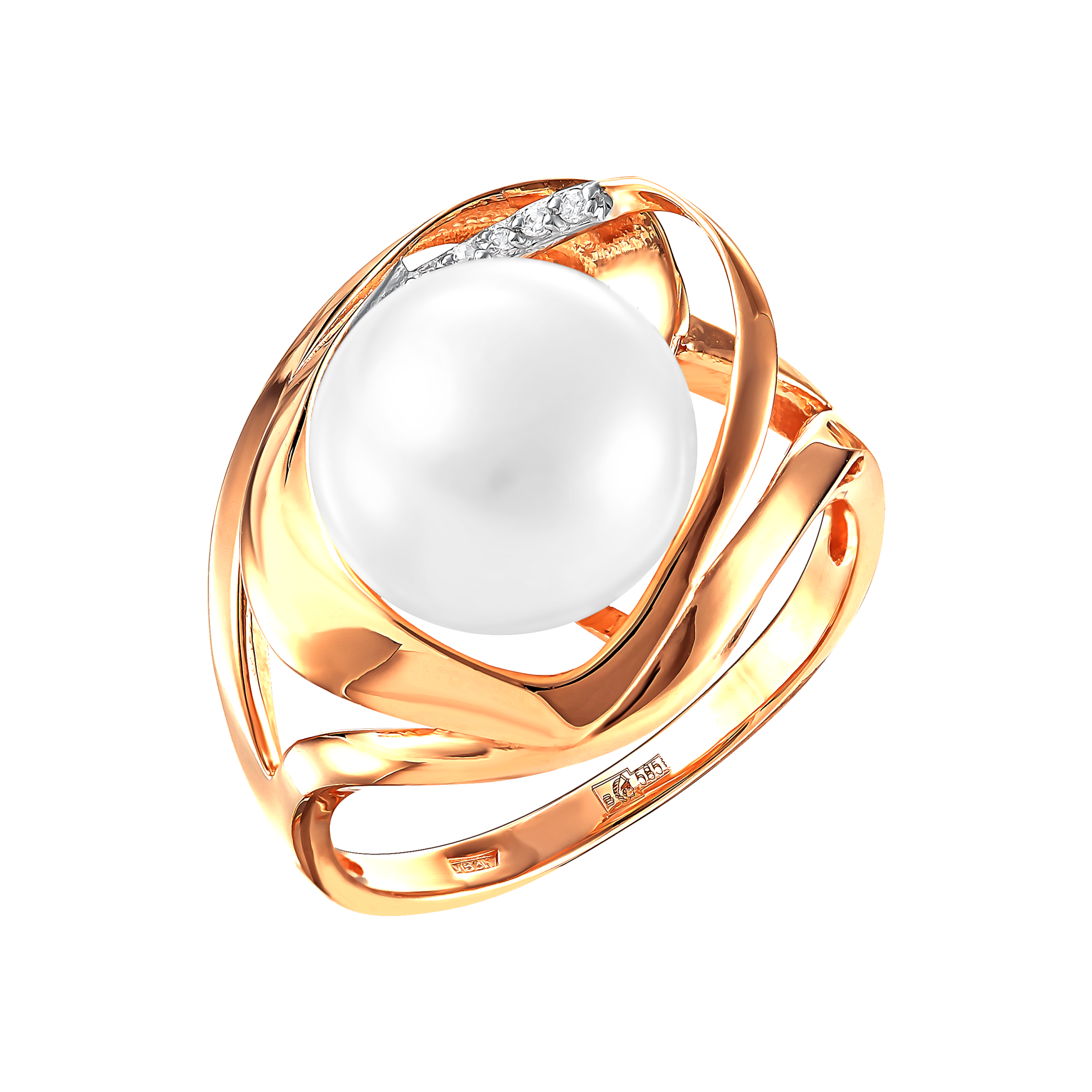 Кольцо из красного золота с жемчугом и фианитами (041640)