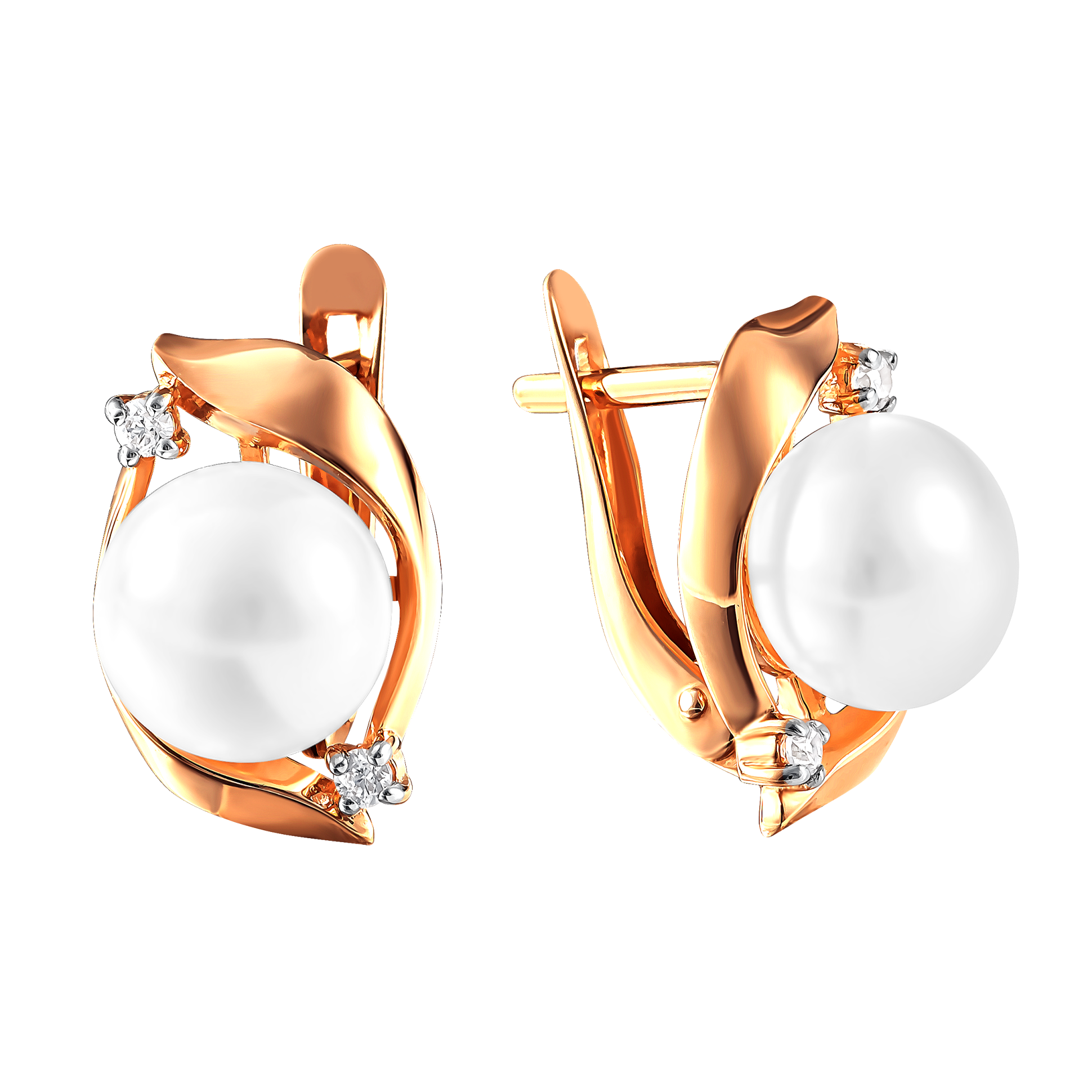 Серьги из красного золота с жемчугом и фианитами (041800)