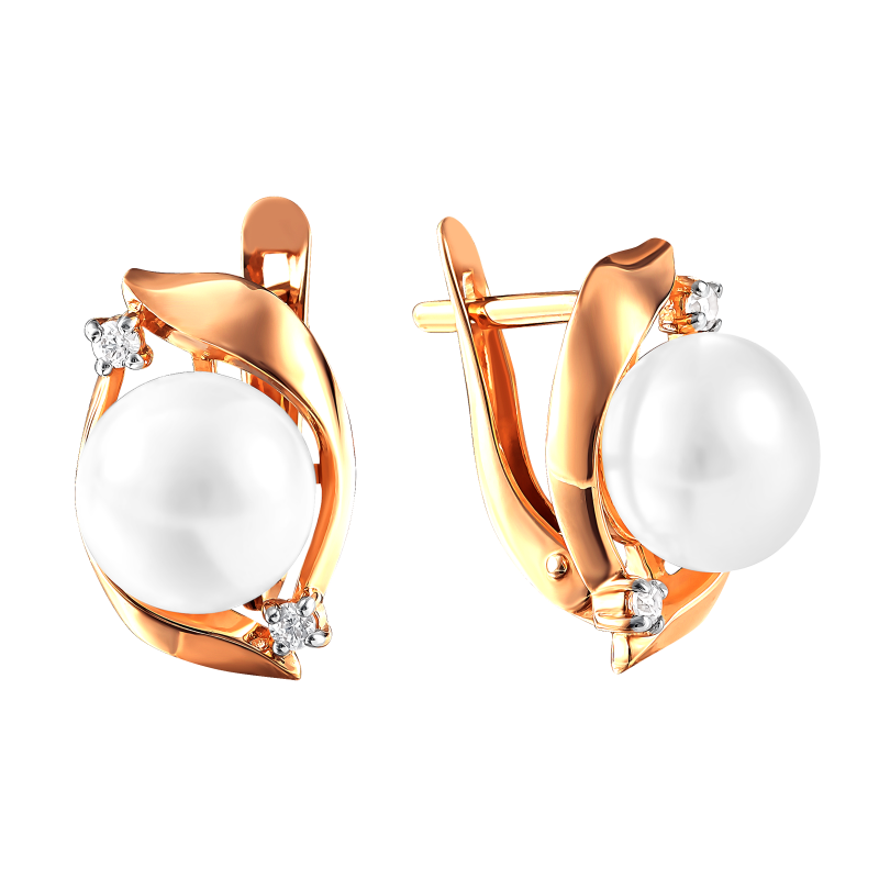 Серьги из красного золота с жемчугом и фианитами (041800)