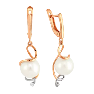 Серьги из красного золота с жемчугом и фианитами (041639)