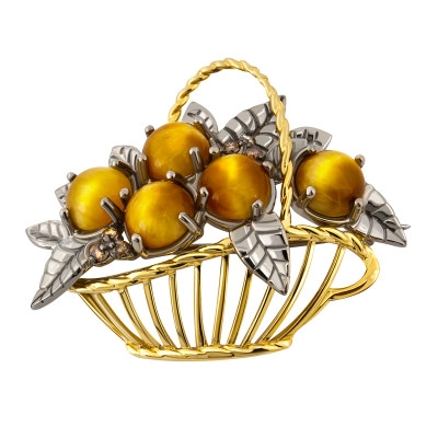 Брошь из палладия и золота с бриллиантами  и  вставками &quot;Тигровый глаз&quot; (040939)