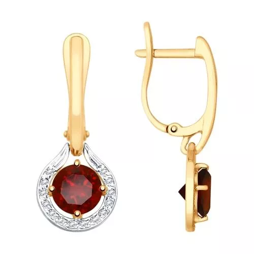 Серьги из красного золота с гранатами и фианитами (038366)